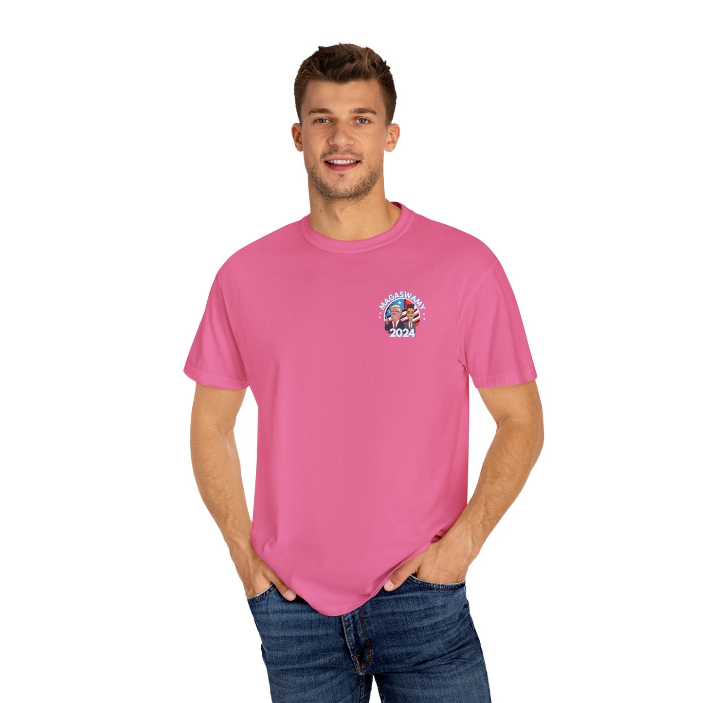 [V2 - WHITE TSUNAMI] - THE OG MAGASWAMY TSUNAMI 2024 [PINK/BABY BLUE] - TRUMP & VIVEK ELECTION 2024 T-SHIRT